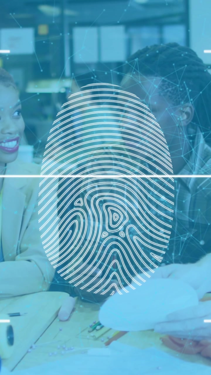 Animation of biometric fingerprint scanner over diverse fashion designers discussing at studio