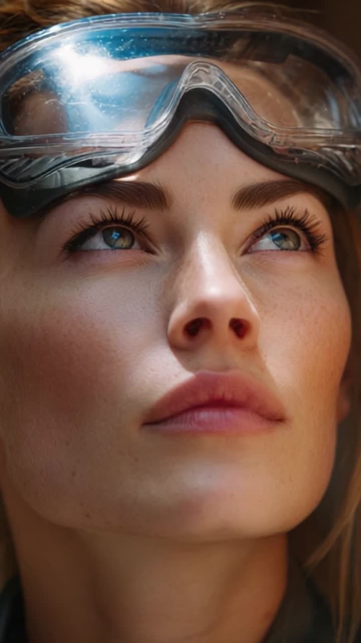 A close-up shot of a woman wearing goggles, gazing upwards with a determined expression, showcasing the nuances of her features and vibrant blue eyes in soft lighting