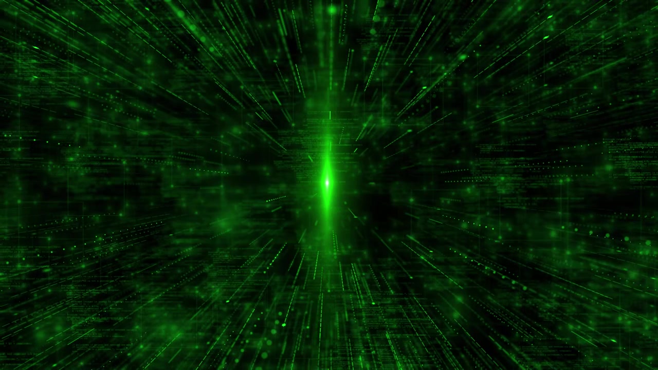 Matrix green digital portal visual code layers glowing speed lines and deep cyber technology space