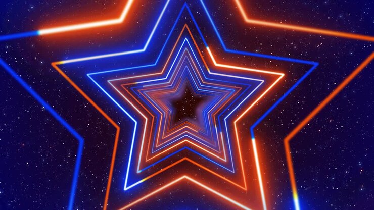Tunnel rotante di luce al neon, astratto e futuristico, con linee blu e arancioni a forma di stella su polvere di stelle scintillante.
