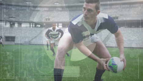animación del procesamiento de datos durante un partido de rugby en un estadio deportivo