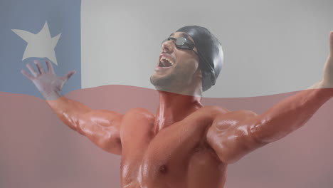 animation of flag of chile over biracial male swimmer