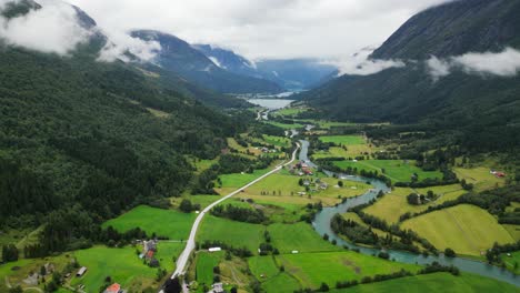 stryn river and green valley at nordfjord, vestland, norway, scandinavia - aerial