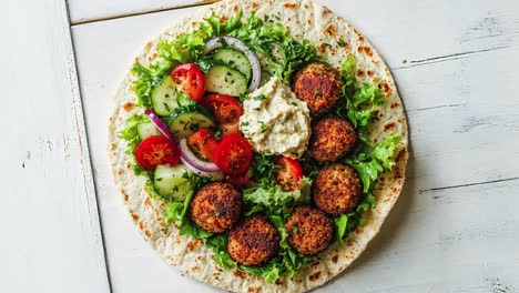 delicious falafel wrap with hummus, fresh vegetables, and tahini sauce