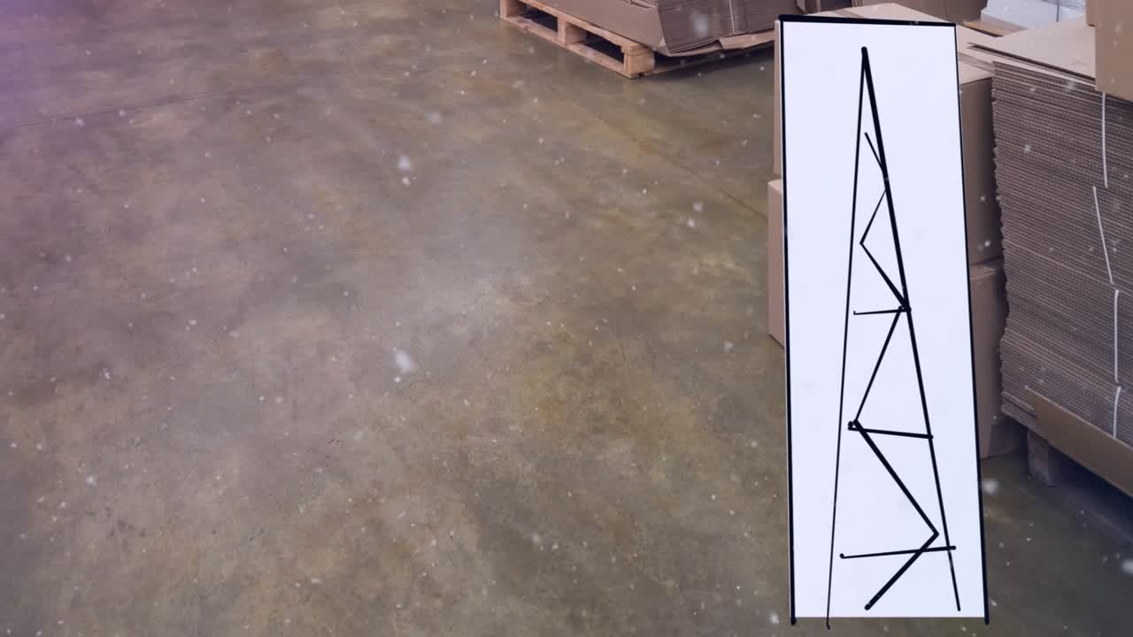 Animation af faldende sne og geometriske former over et lager.