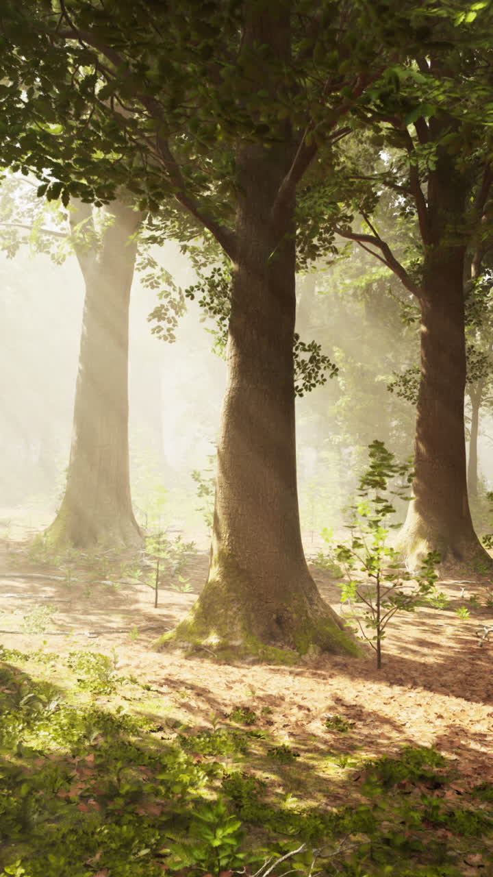 안개 숲 의 나무 를 통해 빛