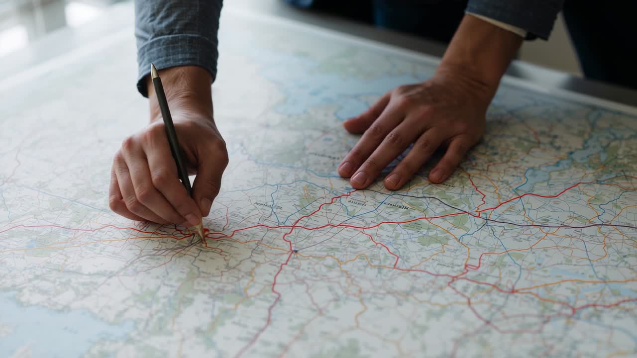 Poising pencil over map, blue-shirted hands placing red pin, tracing route at desk for planning
