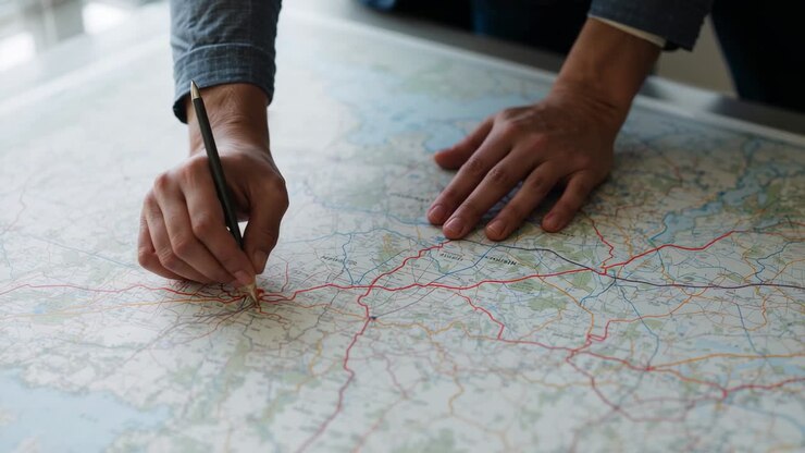 Main tenant un crayon au-dessus d’une carte, des mains en chemise bleue plaçant une épingle rouge, traçant un itinéraire au bureau pour la planification