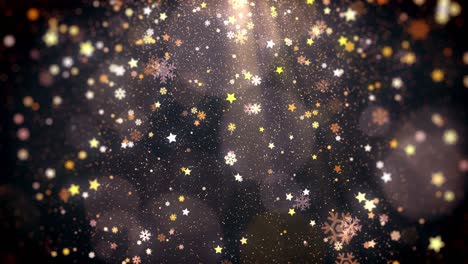 animation christmas background looped with gold snowflakes, stars, snow and particles falling for christmas and new year holiday concept