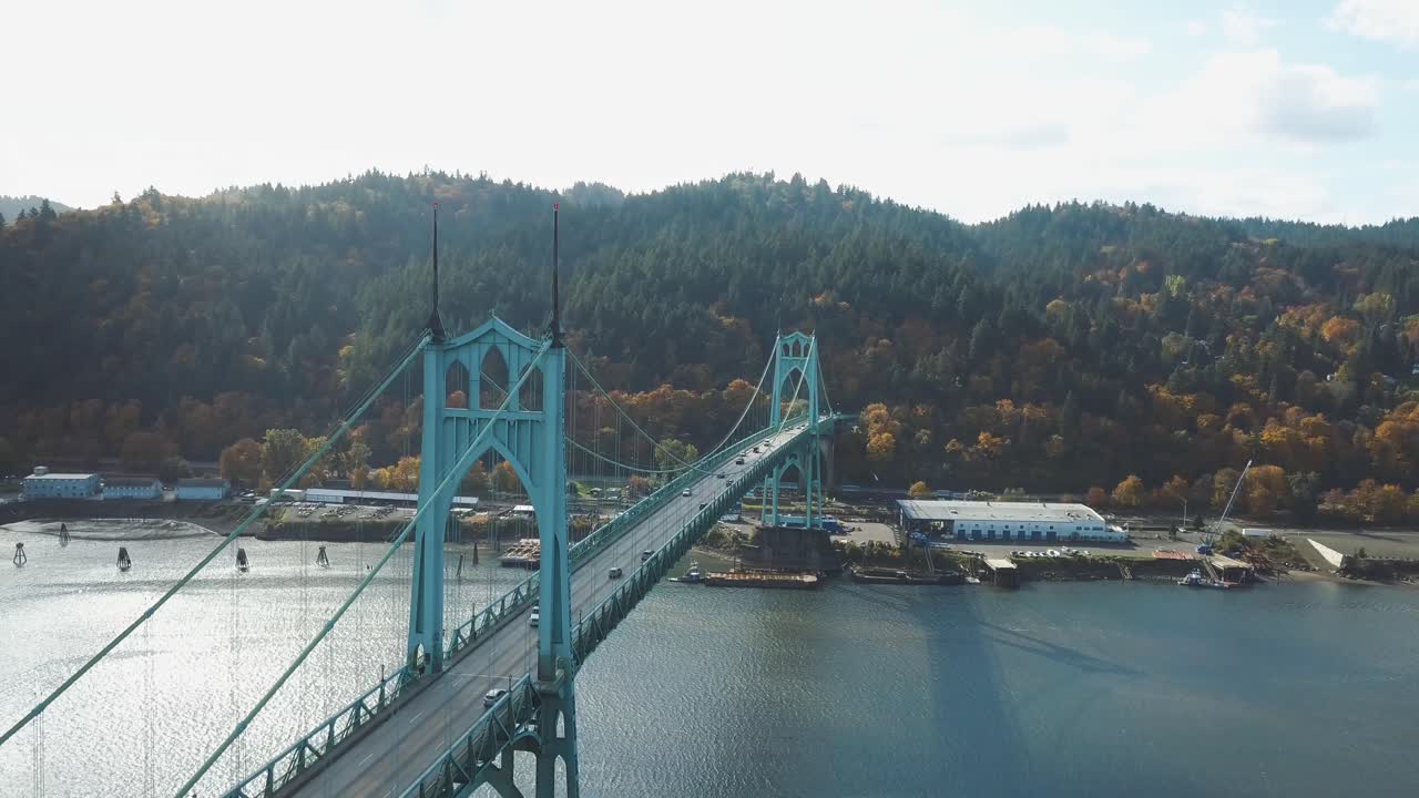 Birds eye view of the St. Johns Bridge in Portland in autumn with colorful forest in the background - Oregon - USA - Willamatte River