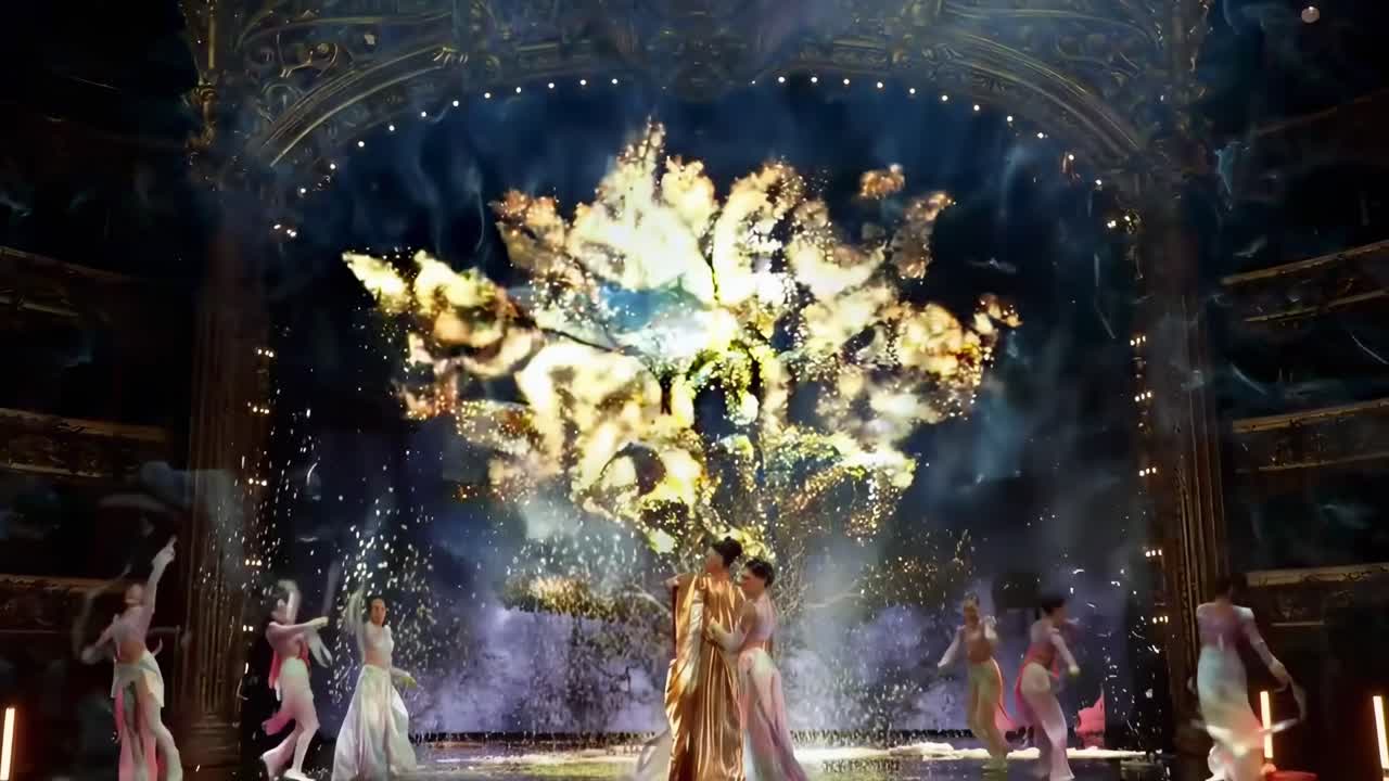 Video di elegante performance teatrale con inquadratura grandangolare, che cattura ballerini in costumi riccamente decorati