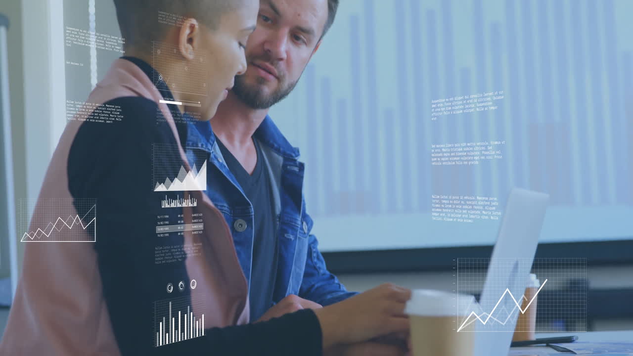 Discussing financial data, business professionals analyzing graphs and charts in office