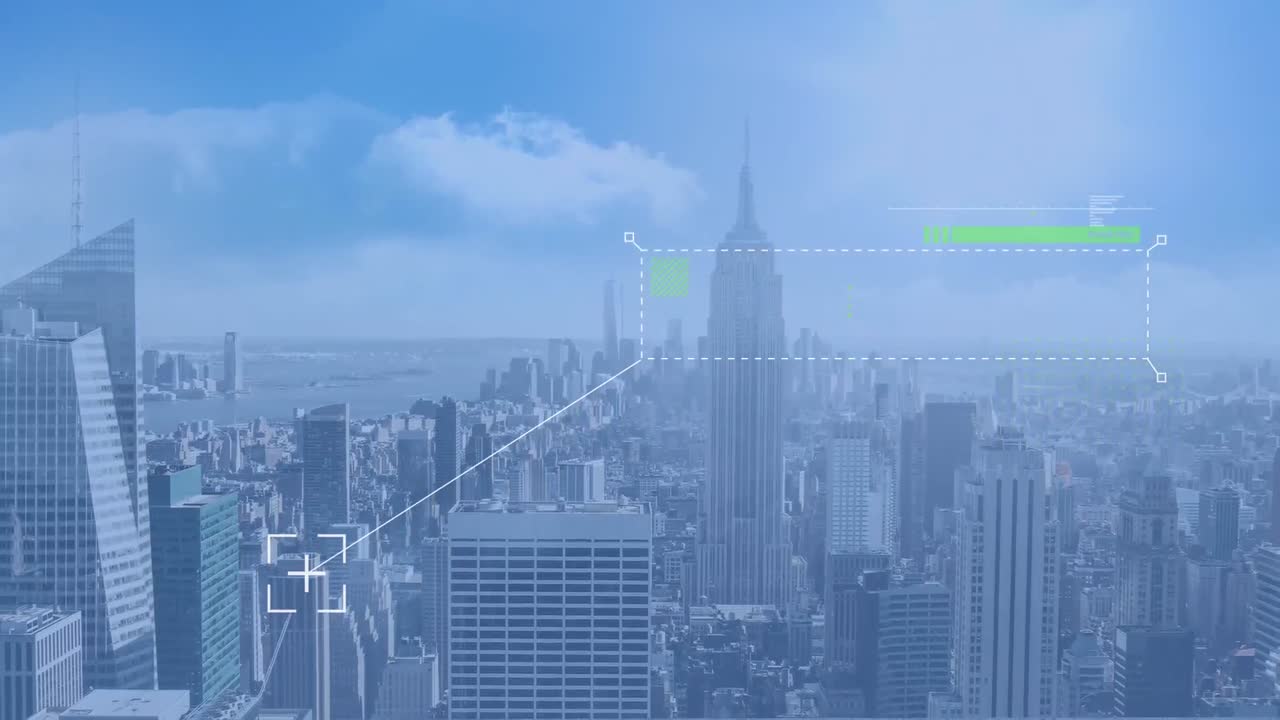 Animation of data processing over aerial view of cityscape