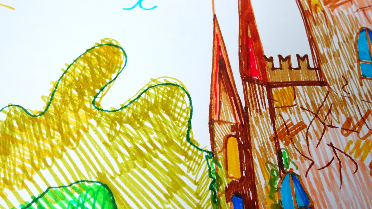 Desenho de um castelo mágico, rainha e dragão