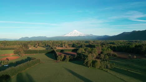ascending drone shot of lush green countryside near pucón, chile, with villarica volcano in the distance under a clear blue sky