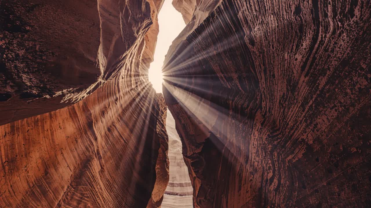 Raggi di sole si riversano dal sole sull'orlo del canyon, scendendo lungo la gola, illuminando gli strati di arenaria.