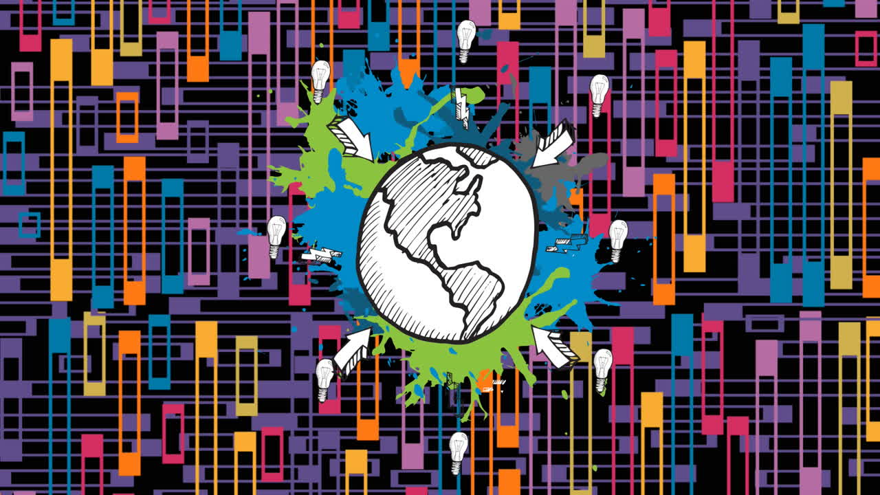 검은색 배경에 있는 다채로운 모양 위의 지구의 애니메이션