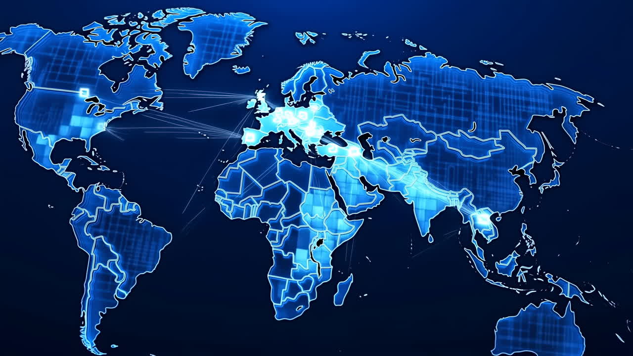 Glowing Blue World Map With Connections, Illuminated Europe, Pulsing Nodes And Light Beams Linking Continents,