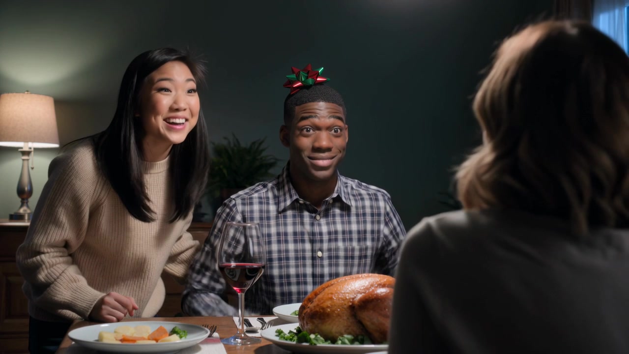 Reaching woman in sweater placing bow on man in plaid shirt, teasing at home turkey dinner