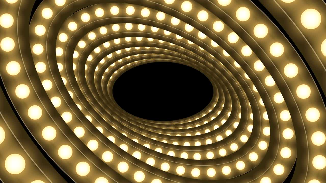 caja de bombilla incandescente de túnel marco de forma ovalada remolino girar patrón en movimiento, retro 3d estilo virtual ilustración brillo en fondo oscuro animación de bucle sin costuras 4k, con espacio de copia