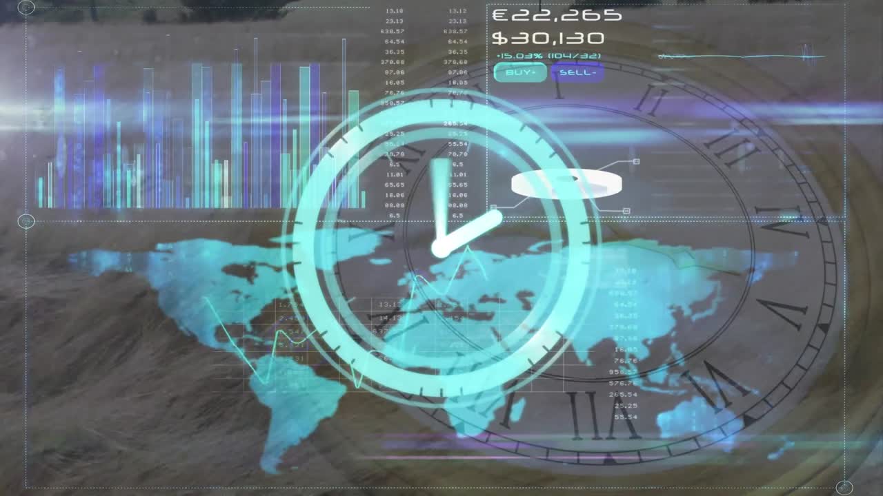 animación de reloj en movimiento sobre el procesamiento de datos y el mapa del mundo