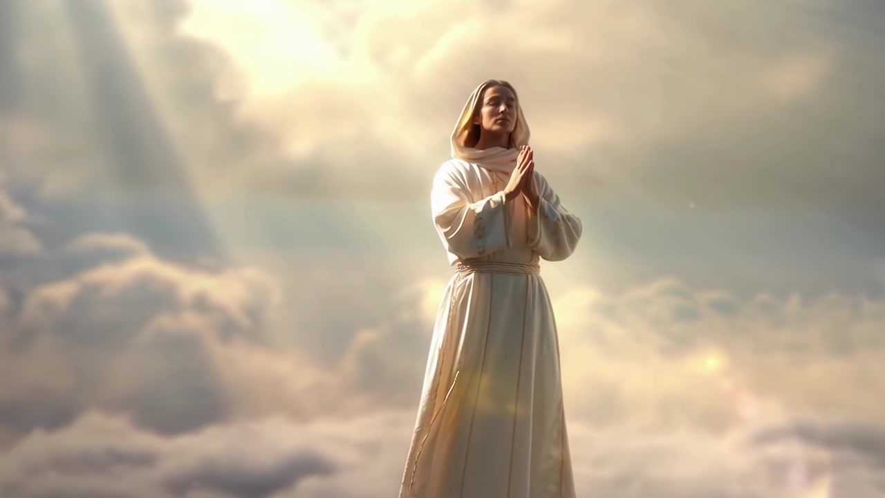 Una persona in vesti bianche che prega tra le nuvole e la luce divina