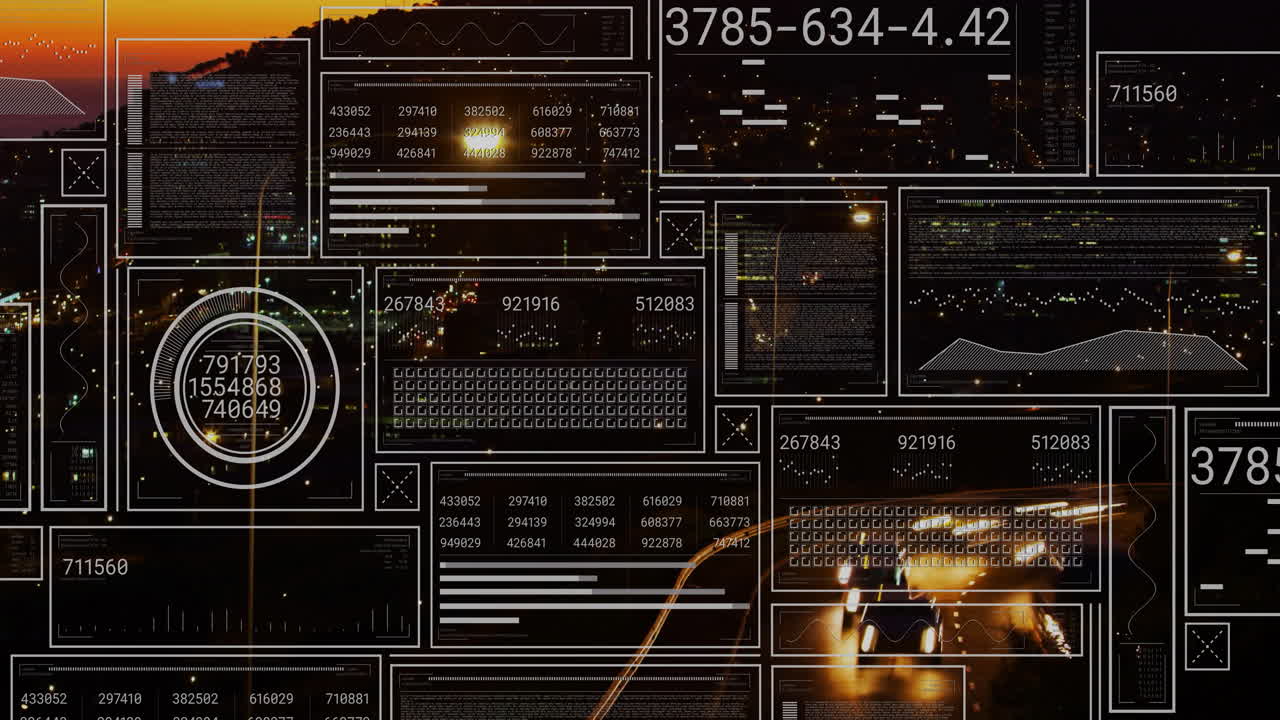 Digital data processing animation over cityscape with glowing lights and graphs