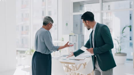 businessman, woman and handshake in office