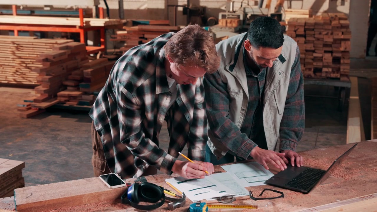 Two Carpenters Reviewing Blueprints and Using Laptop in Workshop