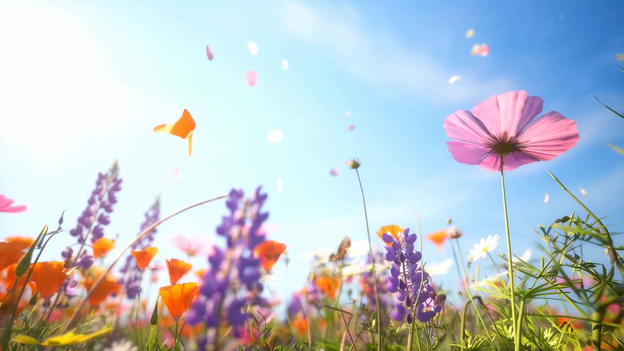 Campo Vibrante de Flores Silvestres com Pétalas Caindo de um Céu Azul