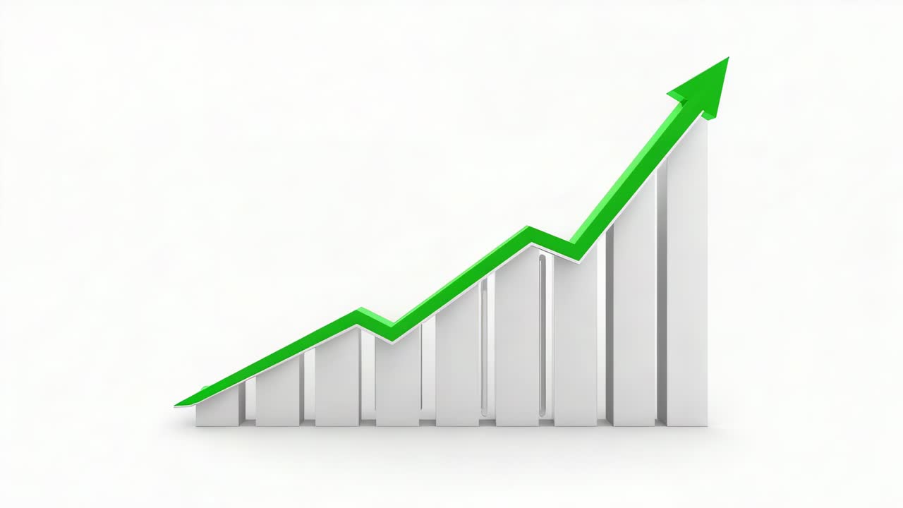 Animating center 3D metal bar chart on play, green zigzag line climbing right showing growth