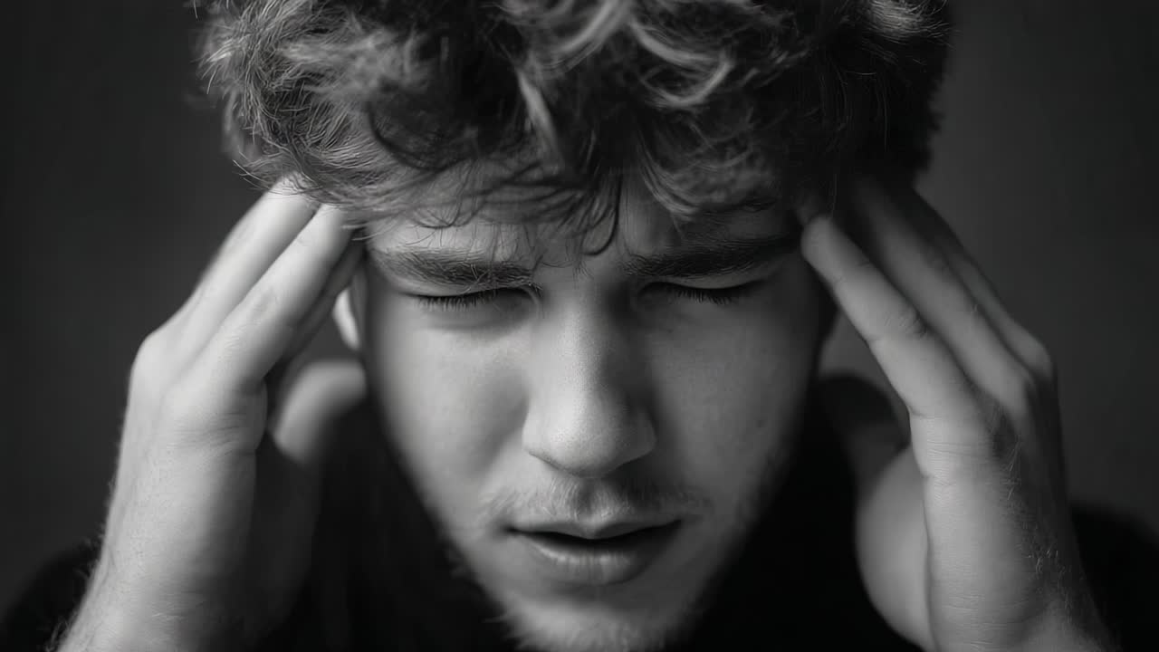 A Young Man Struggles with Intense Discomfort as He Grips His Temples, Capturing an Emotion of Pain and Frustration in a Gritty Black and White Portrait