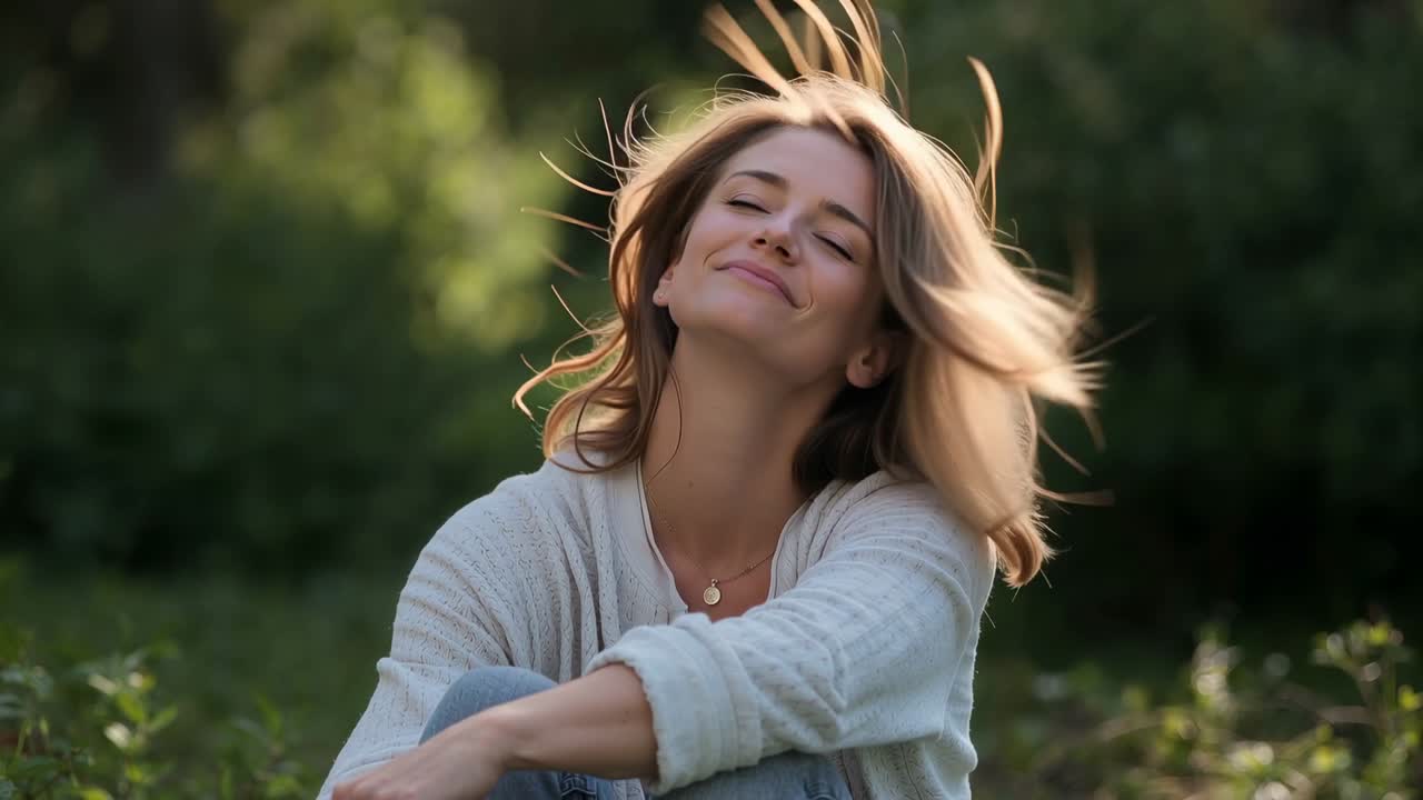 Donna in maglione con ciondolo, con la testa inclinata, che si sistema i capelli mentre si accomoda al parco, crogiolandosi al sole.