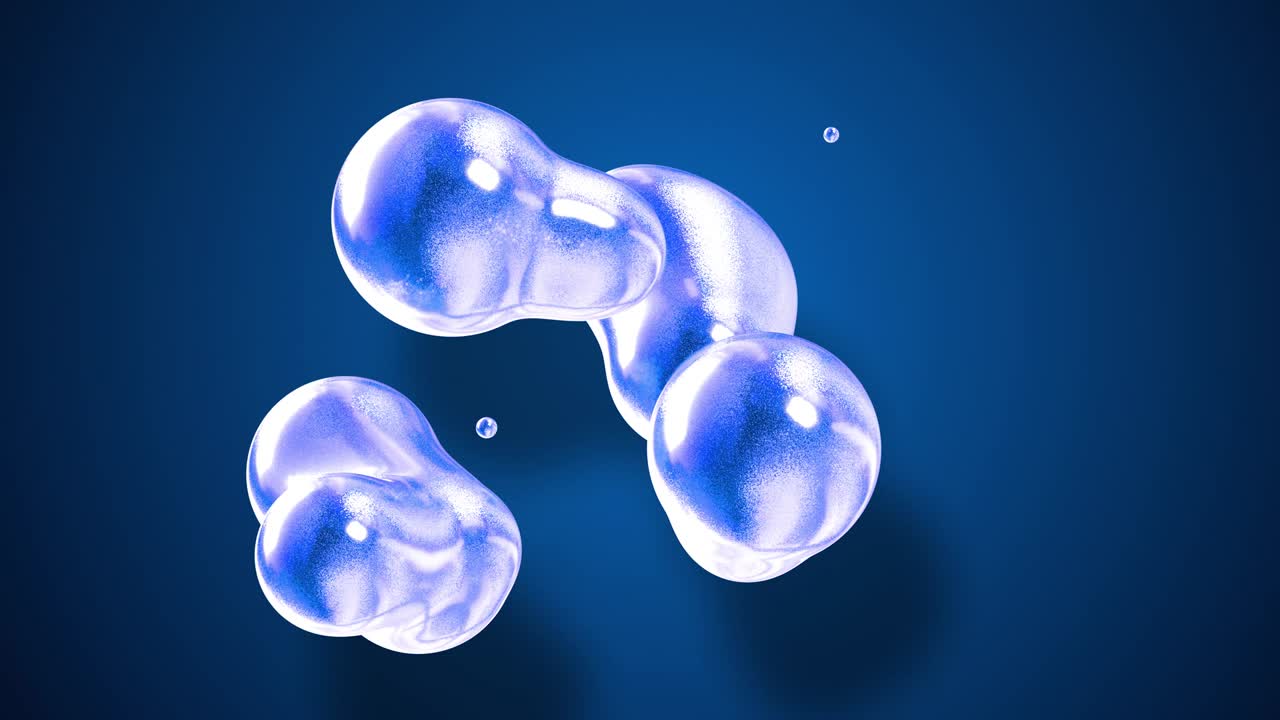 마치 유리 방울이나 파란 빛으로 가득 찬 구가 융합되고 어지는 것처럼 메타볼의 추상적인 배경이 4k에서 순환적으로 반이는 거품과 함께 순환적으로 흐르는 애니메이션입니다.