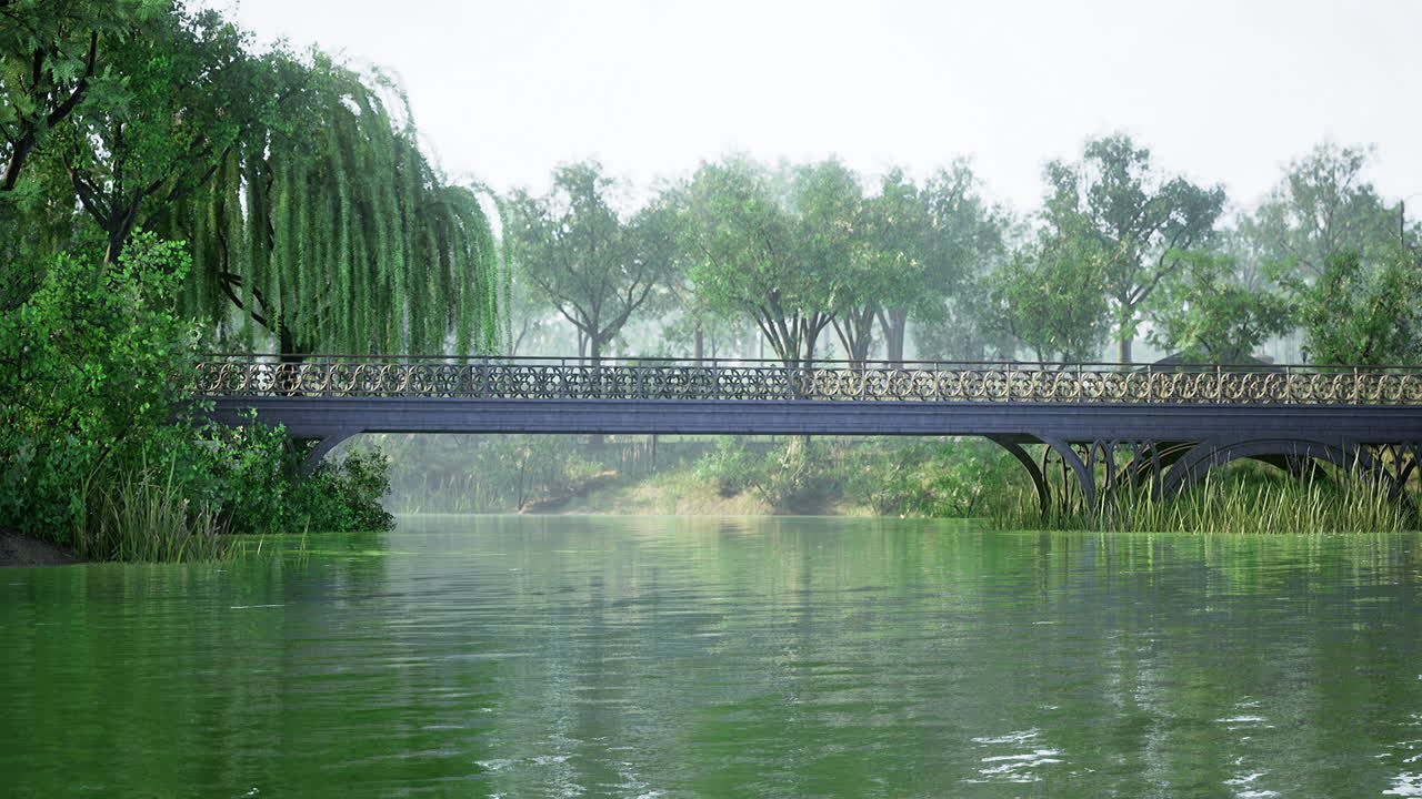 빛 에 차분 한 물 을 가로지르는 조용 한 다리 를 가진 울창 한 초록색 풍경