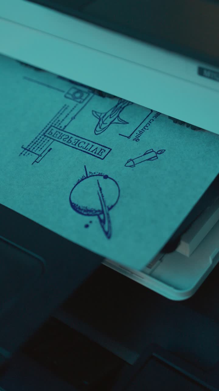 Vertical close up of stencil of abstract art slowly printing, space theme