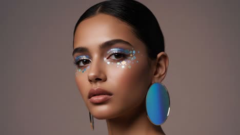 captivating portrait of a model showcasing stunning makeup with unique face art and vibrant accessories in a minimalist background
