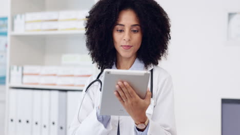 smile, doctor and tablet with woman in hospital