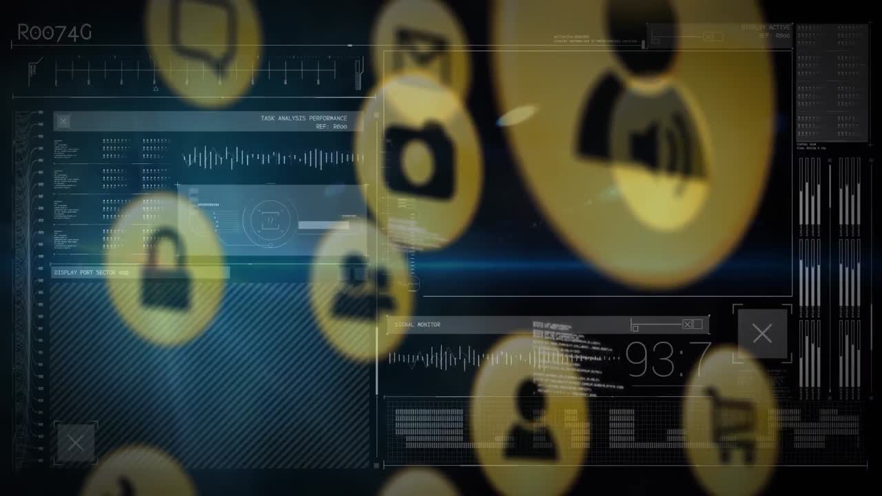 animación de iconos sobre lenguaje de computadora, cambiando números y barras de carga en un fondo abstracto