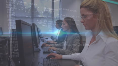 animación de lenguaje informático y llamaradas de lente sobre diversas mujeres que trabajan en computadora en la oficina