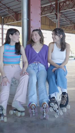 three friends with roller skates socializing