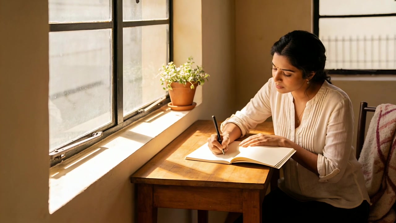 Donna indiana prende una penna e scrive alla scrivania di casa, vicino alla finestra, con un quaderno aperto, prendendo appunti.
