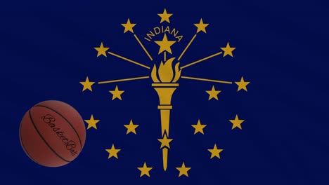 indiana flag waving and basketball ball rotates, loop