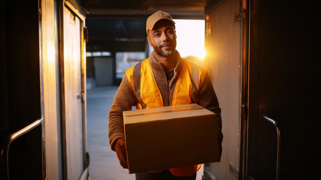 Delivery Professional Carrying Package in Warehouse at Sunset, Highlighting the Importance of Logistics and Timely Deliveries in Today's Fast-Paced E-commerce Environment
