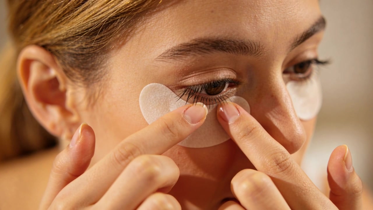 Een vrouw reikt naar het linker hydrogel oogmasker en bevestigt deze met haar vingertoppen onder haar oog, zittend aan haar kaptafel.