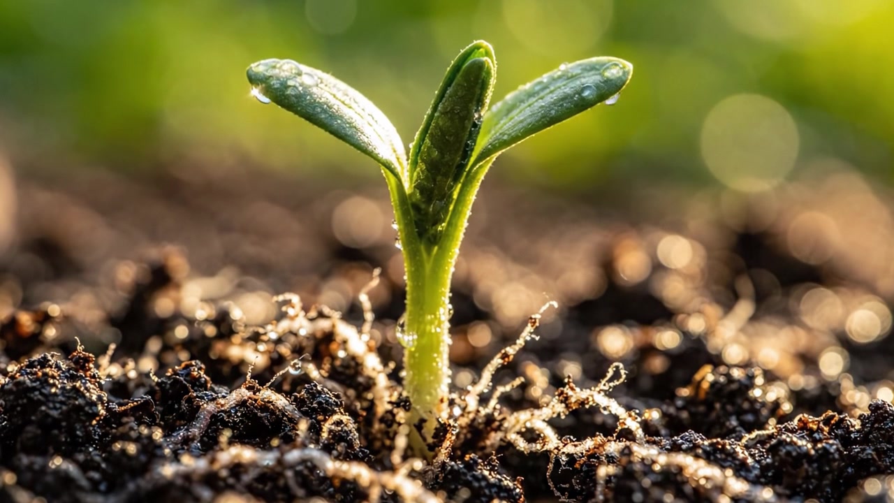 De la Semilla al Brote: El Viaje de una Planta Joven Emergiendo de Tierra Fértil en un Jardín Soleado, Simbolizando Crecimiento, Vida y Renovación.