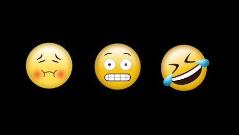 Animación-Digital-De-Emojis-De-Caras-Enfermas,-Haciendo-Muecas-Y-Riendo-Sobre-Fondo-Negro.