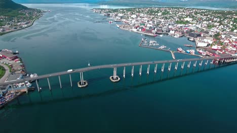 Bridge-of-city-Tromso,-Norway-Aerial-footage