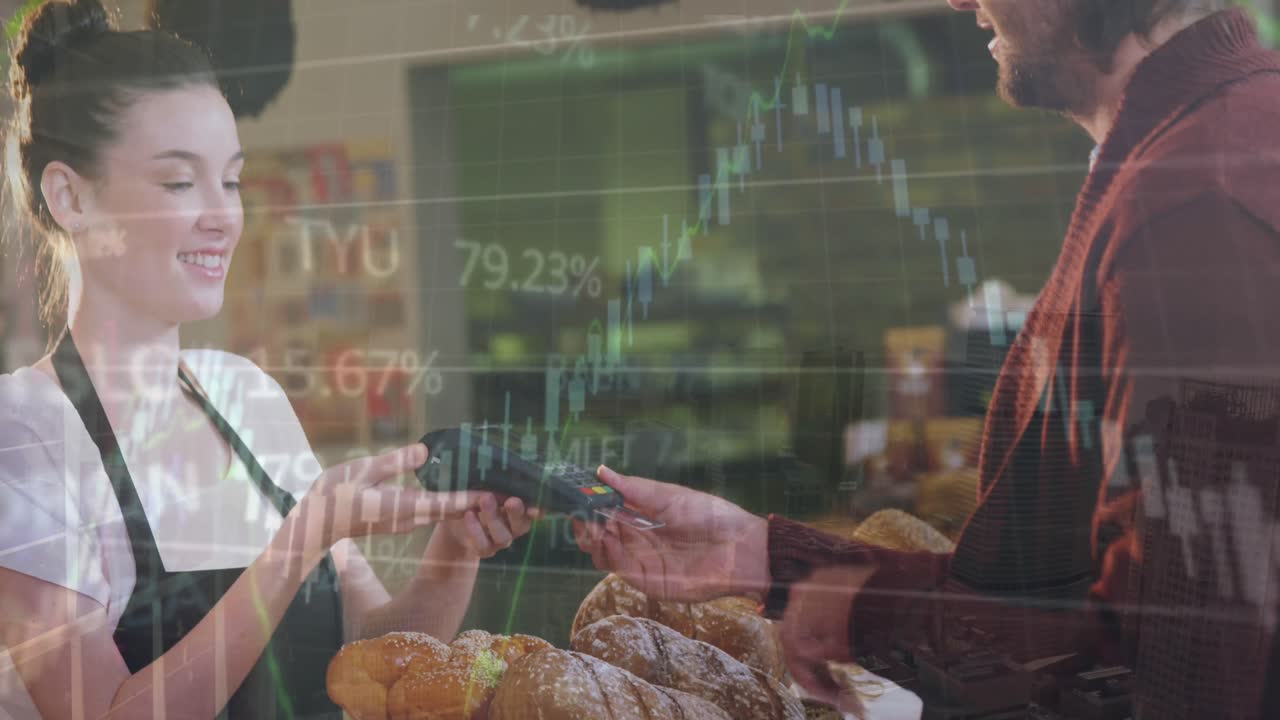 카페에서 신용카드를 사용하여 지불하는 백인 남성에 대한 데이터 처리 애니메이션