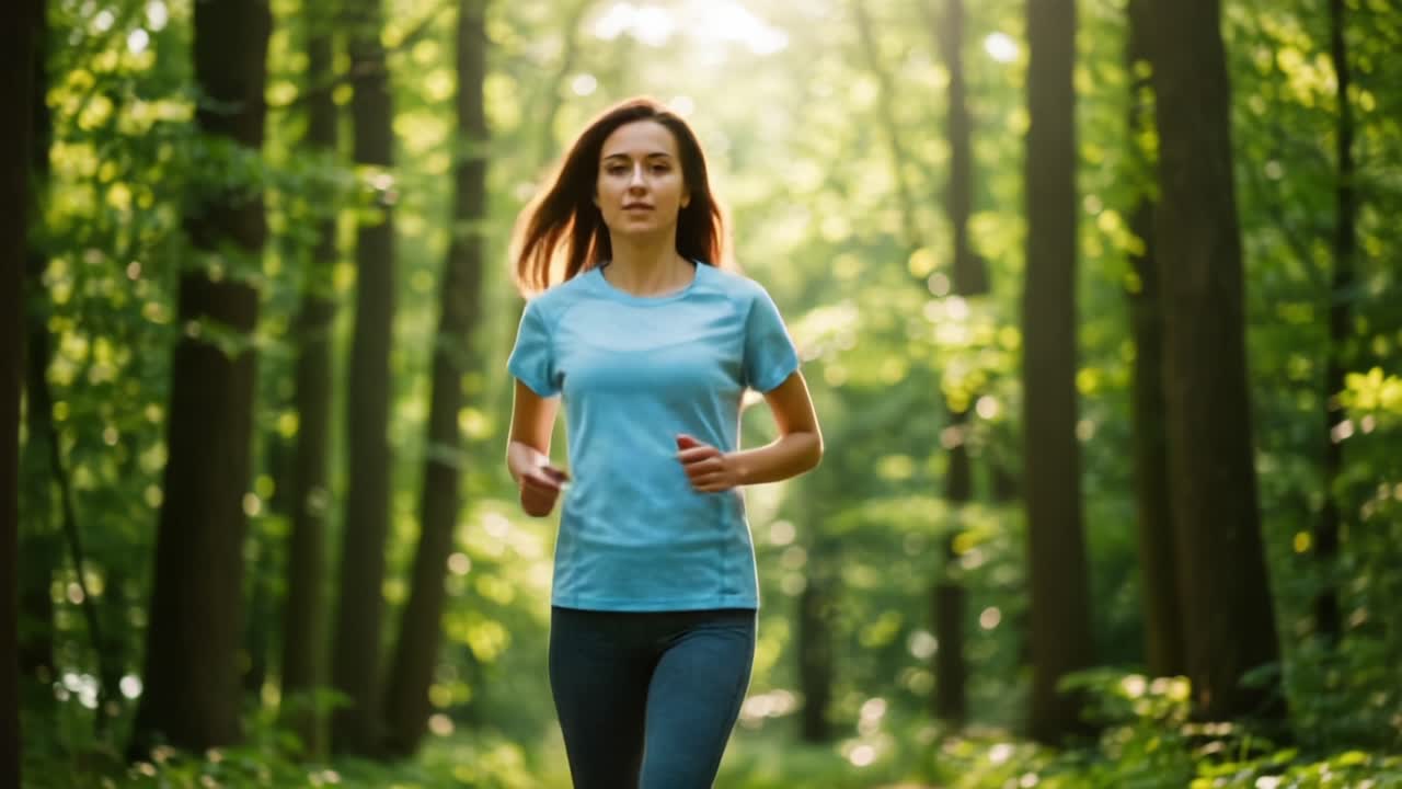A Vibrant Journey Through Nature: A Young Woman Enjoys Running in a Lush Green Forest Under the Warm Sunlight, Embracing Health and Wellness